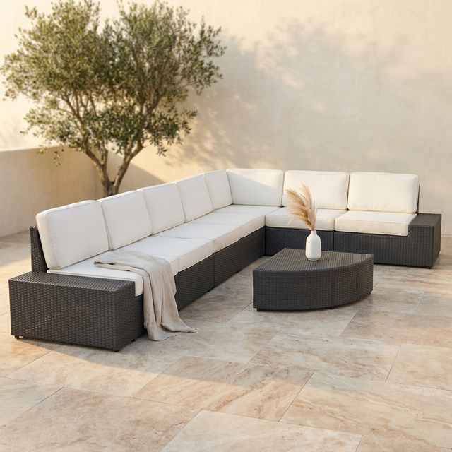 8-Piece Wicker Outdoor Patio Sectional Seating Set with White Cushions — Studio Shot