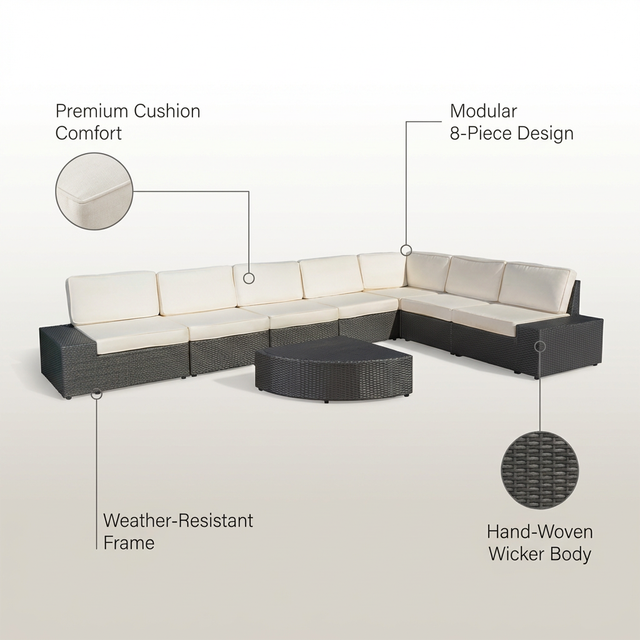 8-Piece Wicker Outdoor Patio Sectional Seating Set with White Cushions — Lifestyle