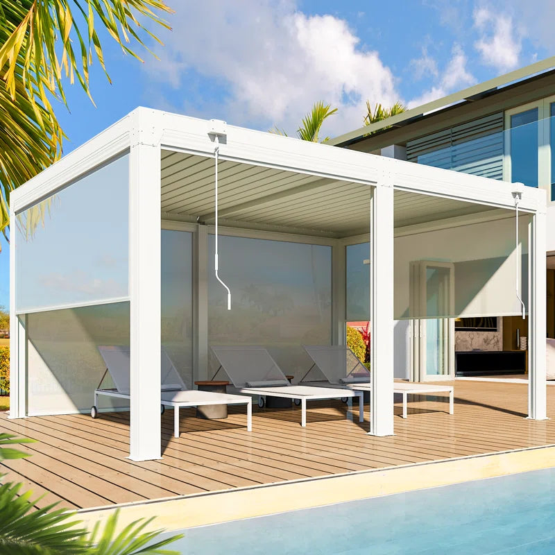 Louvered Pergola with Panel Pull-Down Screen, Outdoor Aluminum Pergola with Adjustable Rainproof Roof for Hot Tub and Patio Deck Backyard